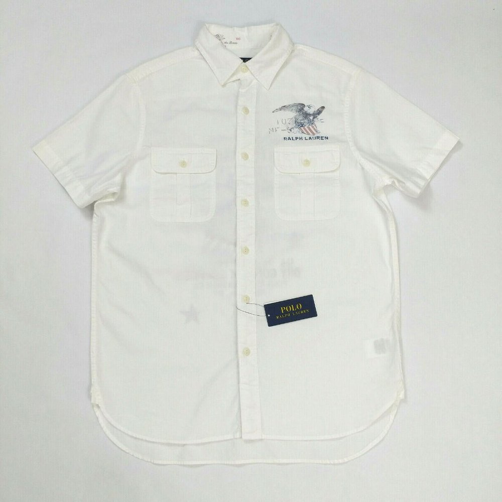 $148 Polo Ralph Lauren Eagle White Short Sleeve Men Shirt Size M Rare Pockets - Picture 2 of 9